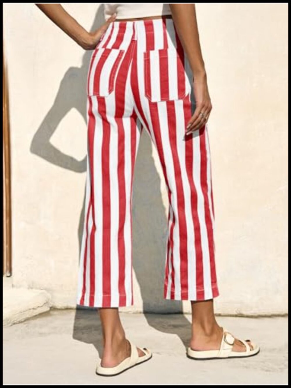 High Waisted Cropped Striped Denim Wide Leg Pants with Pockets - Picture 5 of 6